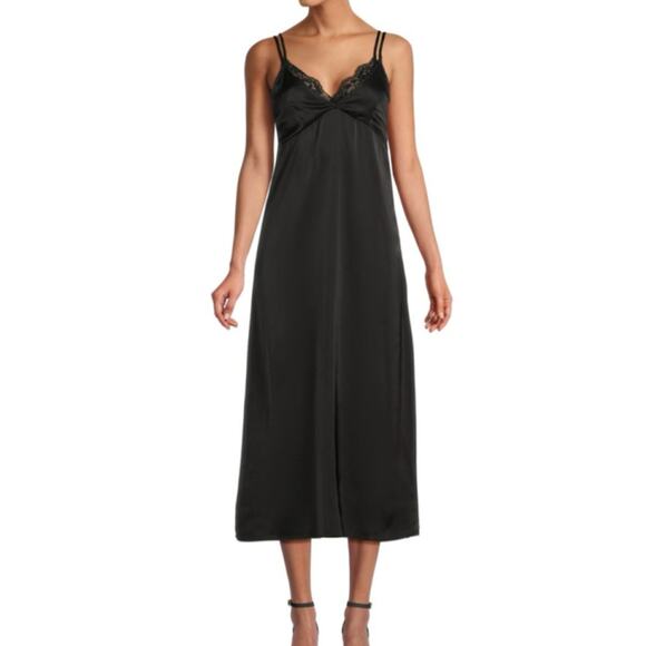 Lea & Viola Black Satin Midi Slip Dress - Size Small -‎ NWT